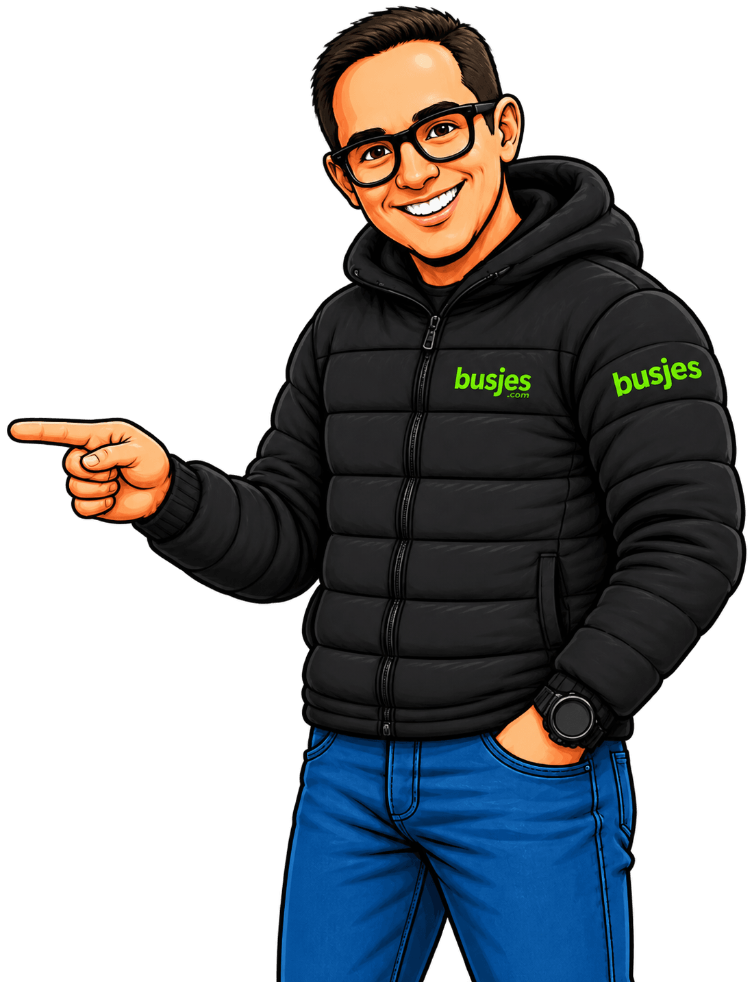 Busjes.com cartoon met wijzende vinger