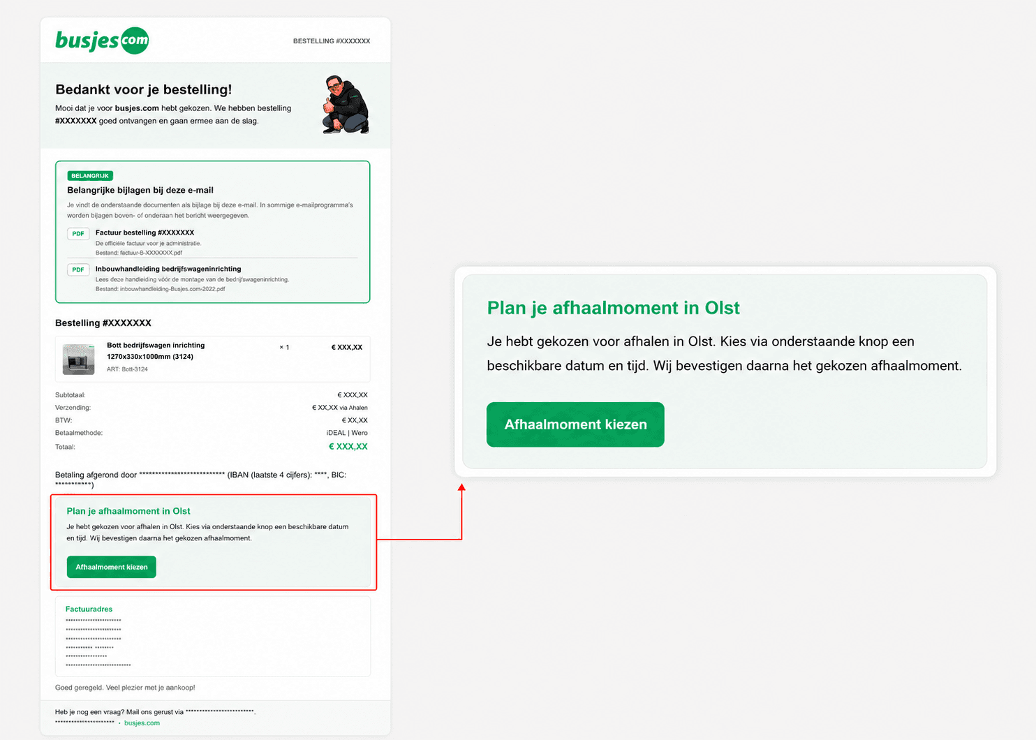 Voorbeeld van de Busjes.com bestelbevestigingsmail met afhaalknop